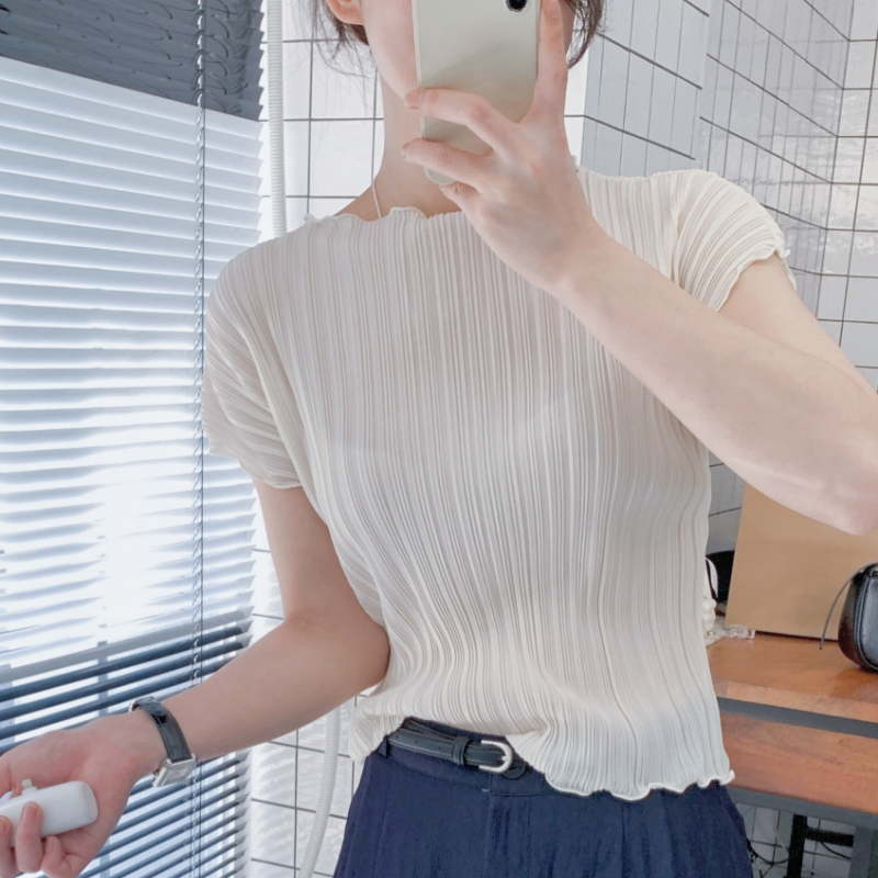 재고 있음 korea 첫사랑 품격 수직 Pleat 물결무늬 측면 꽃잎 반하이넥 신축성 단색 반팔 티셔츠 맨위