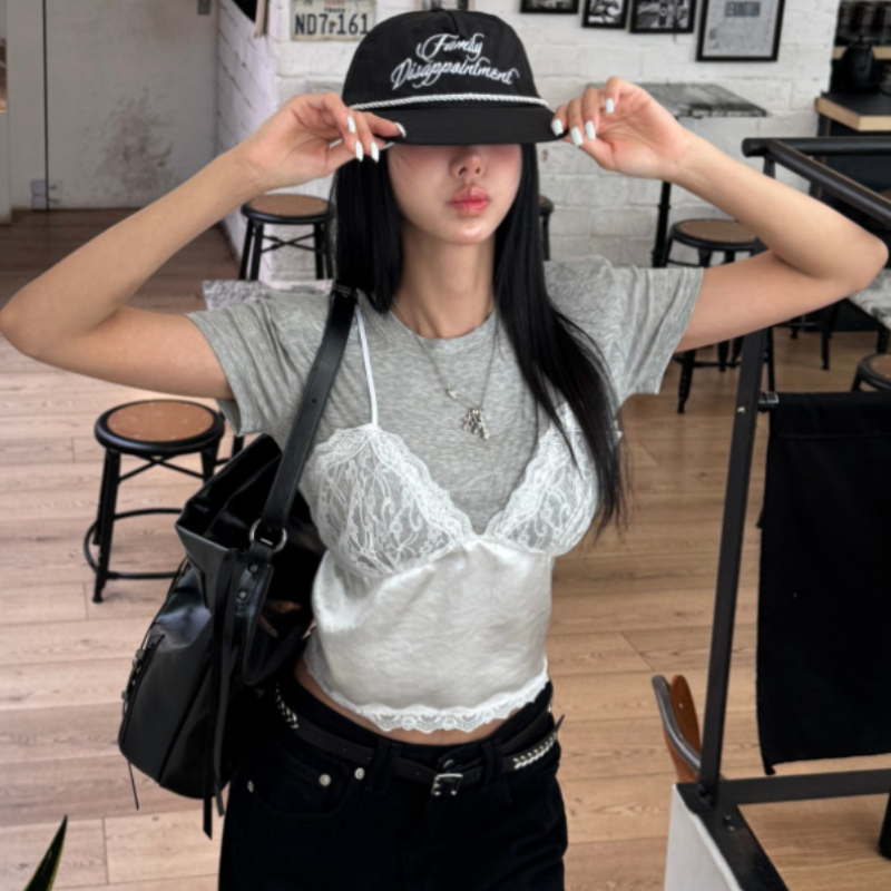 재고 있음 korea 디자인 센스 페이크 레이어드 레이스 조각 뒤로 레이스업 허리 수축 외국 가스 ins 보 주님 반팔 티셔츠