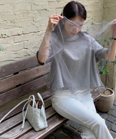 korea 한 부서 다용도 작은 대중 디자인 센스 루즈핏 한 마디 인형 셔츠 물결무늬 망사 패치워크 반팔 티셔츠
