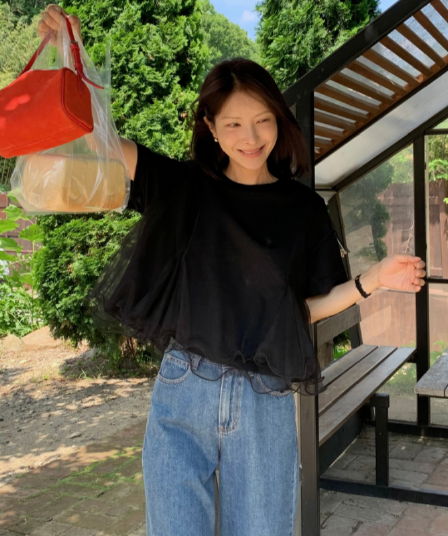 korea 한 부서 다용도 작은 대중 디자인 센스 루즈핏 한 마디 인형 셔츠 물결무늬 망사 패치워크 반팔 티셔츠
