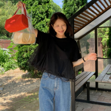 批发KOREA 韩系百搭小众设计感宽松A字娃娃衫波浪网纱拼接<b class='q'>短袖</b>T恤