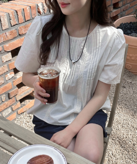 재고 있음 korea 신선함 연령 감소 달콤함 레이스 낭만주의 주름 패치워크 센 부서 부드러운 인형 셔츠 반팔 셔츠