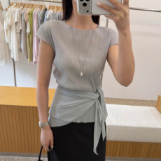 批发Cherry 高级感竖纹压褶气质百搭ins风<b class='q'>短袖</b>T恤弹力上衣~配腰带