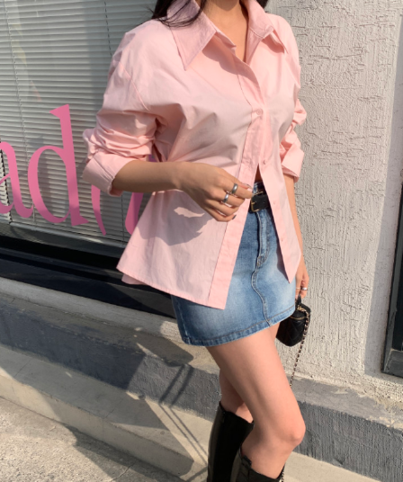재고 있음 cherry 프랑스식 Chic 디자인 센스 전체 측면 단추 허리 수축 디스플레이 커브 캐주얼 다용도 긴팔 셔츠