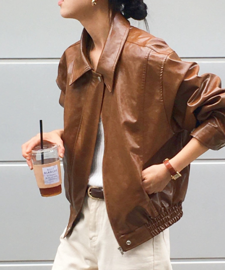 재고 있음 cherry 레트로 ins 폴로 칼라 중성 캐주얼 가방 삽입 오토바이 재킷 pu 가죽 재킷 다용도 여성 코트