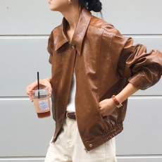 批发有货 Cherry 复古ins翻领中性休闲插袋机车夹克PU皮衣百搭外套女
