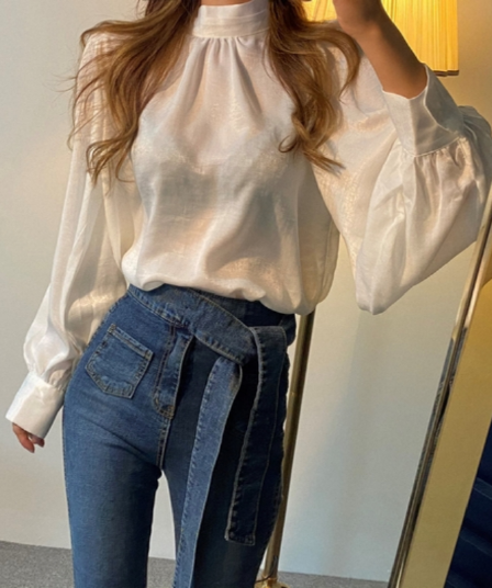 재고 있음 cherry 레트로 분위기 센스 우아함 모방 새틴 수준 자르기 반하이넥 디자인 긴팔 셔츠