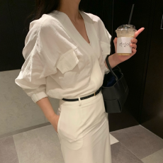 批发有货Cherry 法式轻熟女V领设计感通勤气质<b class='q'>OL</b>简约宽松百搭上衣<b class='q'>衬衫</b>