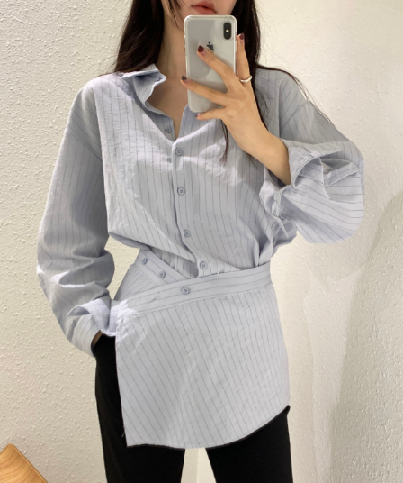 재고 있음 cherry 불규칙 수 있습니다. 조정 디자인 센스 허리 인감 느긋한 와 성별 스트라이프 긴팔 셔츠 투피스 세트
