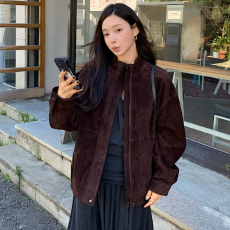 批发Cherry 韩系博主同款复古立领宽松落肩廓形仿麂皮飞行员夹克外套