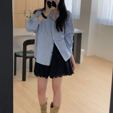 批发有货 Cherry 复古休闲条纹气质多变轻熟风百搭翻领长袖衬衫女上衣