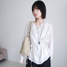 批发有货 Cherry 慵懒氛围感垂坠领双层衣摆宽松微透<b class='q'>长袖</b><b class='q'>衬衫</b>~配飘带