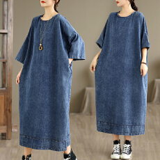 批发复古长袖牛仔<b class='q'>连衣裙</b>秋季新款文艺大码宽松女装休闲显瘦加长裙