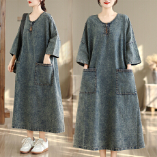 批发牛仔<b class='q'>连衣裙</b>中长款宽松休闲时尚大码女士复古国风裙子