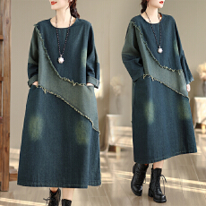 批发<b class='q'>撞色</b>拼接牛仔<b class='q'>连衣裙</b>女 春秋新款胖MM毛边宽松中长裙