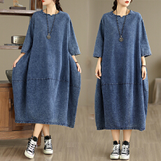 批发复古袖牛仔<b class='q'>连衣裙</b>早春新款文艺大码宽松女装<b class='q'>休闲</b>显瘦加长裙
