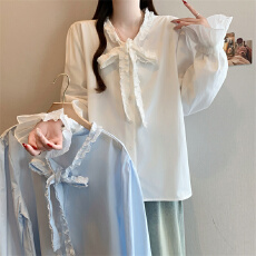 批发实拍～2026早春新款木耳边蝴蝶结系带衬衫女高级感喇叭袖宽松上衣
