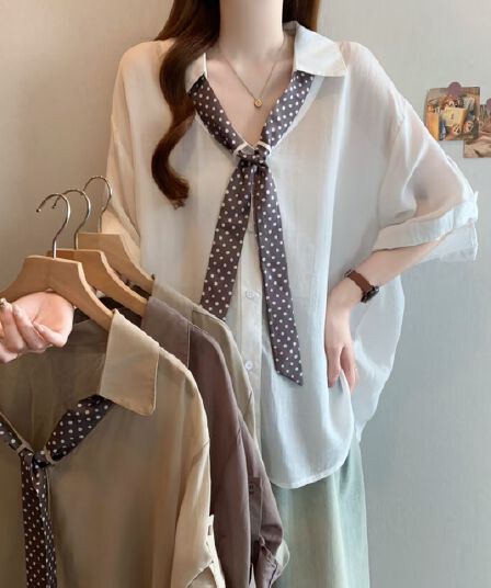 고급 센스 V넥 자외선 차단 반팔 여성 셔츠 여름 새로운 빅 사이즈 지방 mm 슬림해 보이는 표지 배 Chic 셔츠 맨위