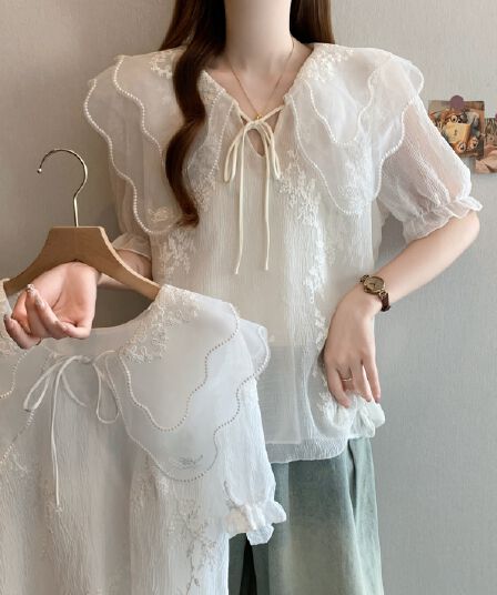 베이비 칼라 레이스 자수 시폰 셔츠 여성 2026 여름 새로운 빅 사이즈 지방 mm 아름다운 작은 셔츠 슈퍼 잘 생긴 맨위