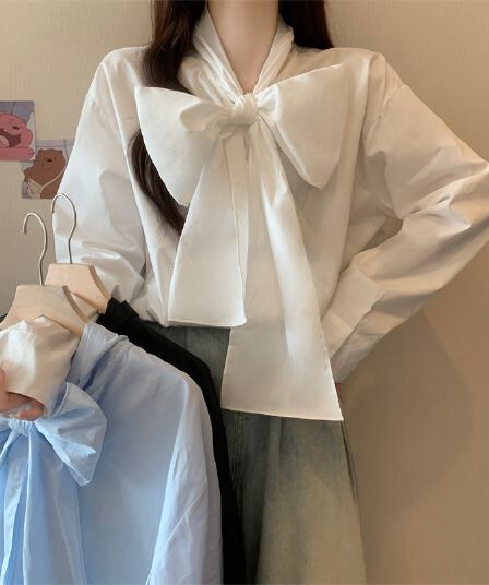 새로운 지방 mm 여성 셔츠 부서 나비 매듭 패션 외국 가스 중간 길이 디자인 센스 레트로 내부 및 외부 가져 가라. 여성 셔츠