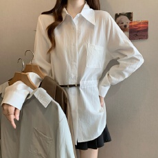 批发大码高级气质长袖衬衫女<b class='q'>秋</b>设计感宽松收腰胖MM中长款上衣