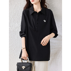 批发实拍2026春季新款<b class='q'>韩版</b>polo领小马刺绣侧开叉衬衫女宽松减龄衬衣