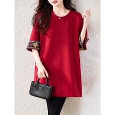 批发实拍复古刺绣短袖T恤2026年新款中长款上衣春季大码新中式<b class='q'>女装</b>