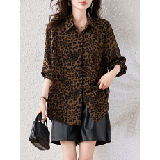 实拍美式轻熟风复古时髦上衣2026春季新款豹纹polo领长袖宽松衬衫