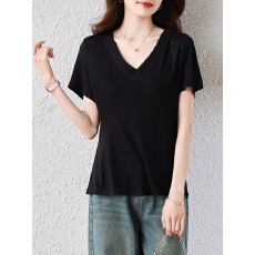 批发实拍黑色正肩V领短袖女T恤2026夏季新款宽松显瘦内搭打底衫上衣