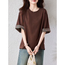 批发实拍2026夏季新款韩版设计感宽松显瘦条纹拼接正肩短袖T恤上衣女