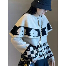 批发一线<b class='q'>品牌</b><b class='q'>折扣</b>捡漏2023秋冬新款菱格针织开衫外套小香风斗篷毛衣女