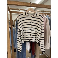 批发秋季新款<b class='q'>韩国</b><b class='q'>正品</b>东大门<b class='q'>代购</b>TIZZI横条纹小翻领短款针织开衫