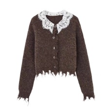 批发<b class='q'>蕾丝</b>拼接娃娃领开衫2025秋季温柔气质软糯流苏慵懒风高级感毛衣女