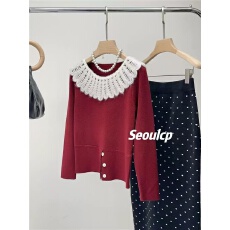 批发手工<b class='q'>蕾丝</b>钩花娃娃领收腰显瘦下摆开叉设计毛衣打底长袖小衫女