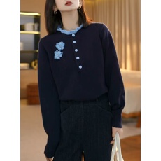 批发木耳领撞色花朵<b class='q'>针织衫</b>女秋冬2025年新款保暖毛衣洋气减龄长袖上衣