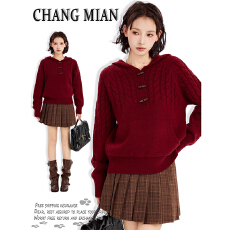 批发新年过年红色连帽牛角扣麻花套头毛衣<b class='q'>女</b>秋冬季加厚针织卫衣本命年