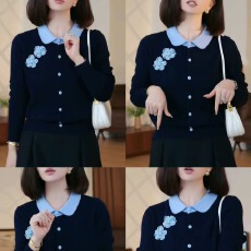 批发假两件蓝色翻领<b class='q'>针织</b><b class='q'>开衫</b>女秋冬季2025年新款保暖毛衣短款长袖上衣