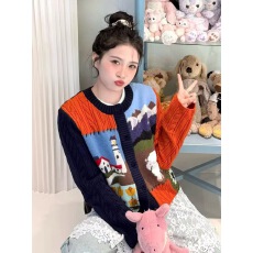 绵羊毛针织开衫短外套女长袖2025秋新款风景拼块毛织绞花毛衣