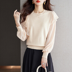 批发实拍2026春款杏色拼接雪纺长袖荷叶边针织上衣洋气时髦小衫