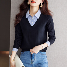 批发实拍984C假两件针织衫女士2026春款设计感长袖毛衣<b class='q'>衬衫</b>领打底上衣