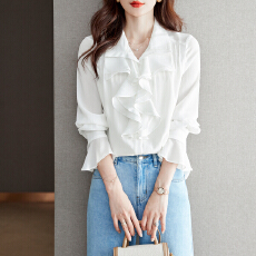 批发实拍V领白色雪纺衫女2026春款复古宫廷风<b class='q'>韩国</b>欧货荷叶边衬衣