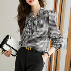 批发实拍886C千鸟格蝴蝶结雪纺衬衫女秋款26新款时尚轻熟气质长袖小衫