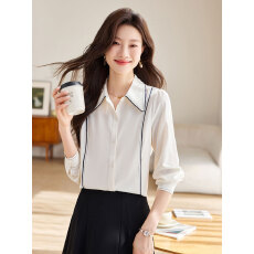 批发实拍米白色Polo领长袖雪纺衬衫女2026春款职业通勤上衣女