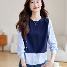 批发实拍假两件<b class='q'>条纹</b>长袖<b class='q'>衬衫</b>女士2026春装新款针织拼接复古欧货