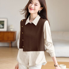 批发实拍衬衫女假两件上衣2026春装新款设计感小众欧货复古条纹