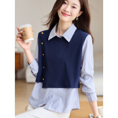 实拍假两件拼接长袖衬衫女2026春新款Polo领设计感条纹上衣