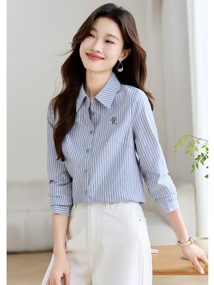 MY16115#法式学院风刺绣百搭条纹时髦衬衣新款设计感衬衫女裝貨源服裝批發