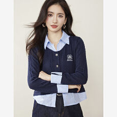 批发实拍韩系假两件格子衬衫女2026春装新款<b class='q'>针织</b>拼接高级感<b class='q'>上衣</b>