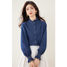 批发实蓝色<b class='q'>衬衫</b>女2026春装新款法式立领<b class='q'>牛仔</b>木耳边拼接气质上衣