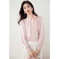 批发实法式时尚温柔风领口蝴蝶结衬衫<b class='q'>女</b>2026春装新款套头缎面垂感上衣